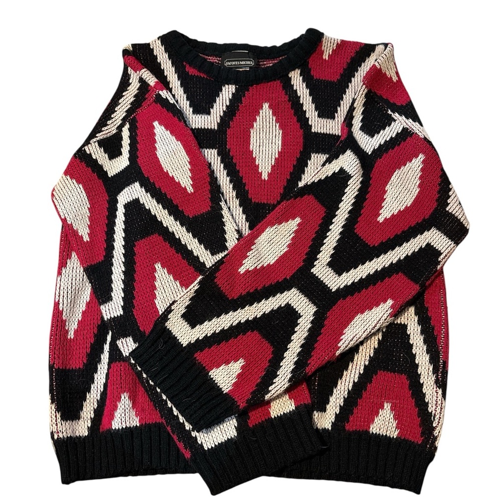 VTG Jacques Michel Geometric Knit Sweater - 80s 90s Retro Abstract - Pink